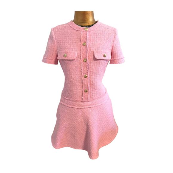 Zara Pink Tweed Drop Waist Mini Dress Gold Buttons Pockets M SOLD OUT on Website - Picture 5 of 7